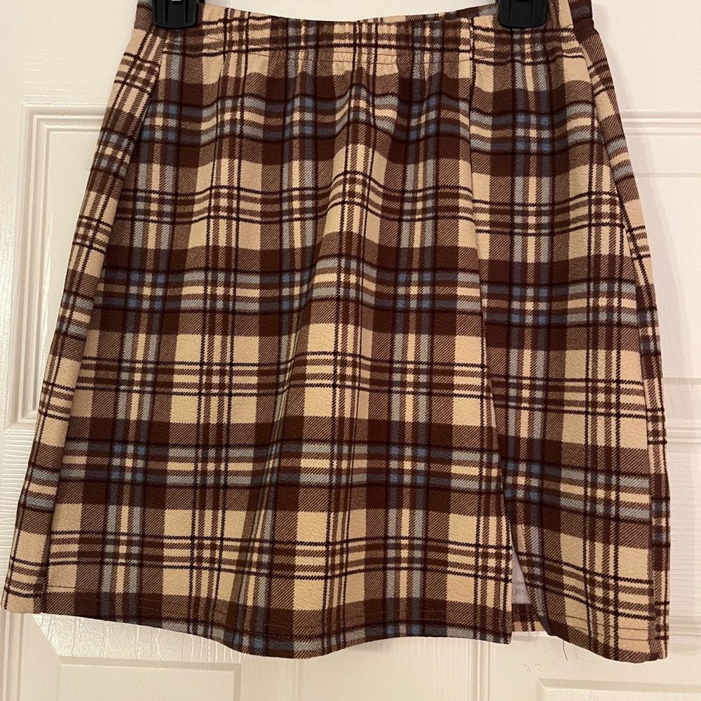 Amazon Plaid Mini Skirt in Brown and Cream